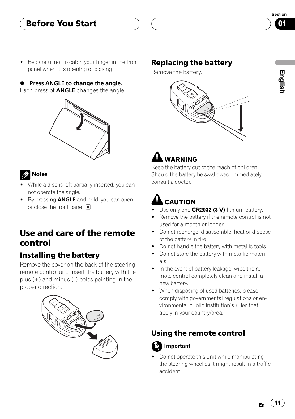 Use and care of the remote control 11, Installing the battery 11, Replacing the battery 11 | Using the remote control 11, Use and care of the remote control, Before you start, Installing the battery, Replacing the battery, Using the remote control | Pioneer FH-P9200MP User Manual | Page 11 / 74