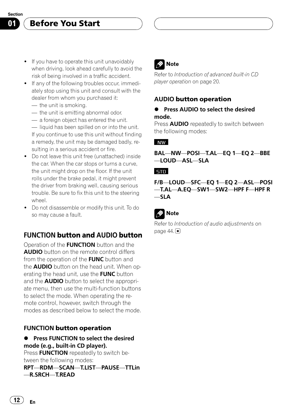 Function button and audio, Button 12, Before you start | Function button and audio button | Pioneer FH-P9200MP User Manual | Page 12 / 74