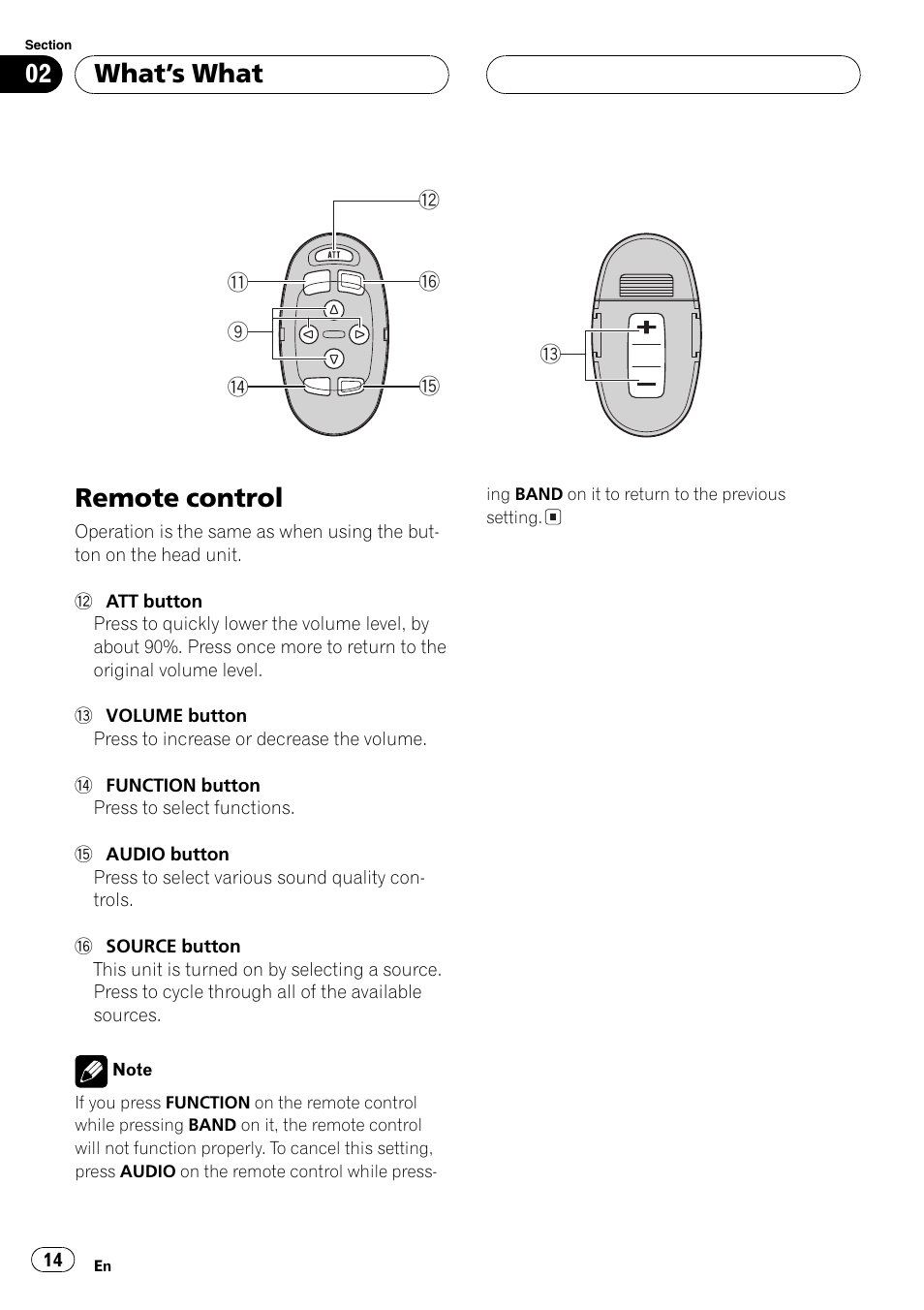 Remote control 14, Remote control, Whats what | Pioneer FH-P9200MP User Manual | Page 14 / 74