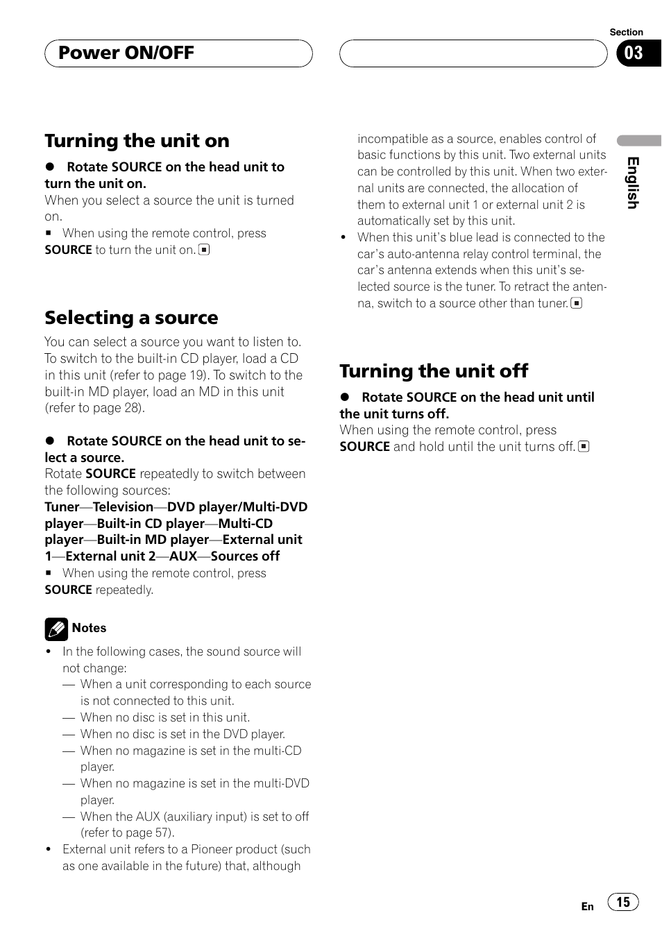 Power on/off, Turning the unit on 15, Selecting a source 15 | Turning the unit off 15, Turning the unit on, Selecting a source, Turning the unit off | Pioneer FH-P9200MP User Manual | Page 15 / 74