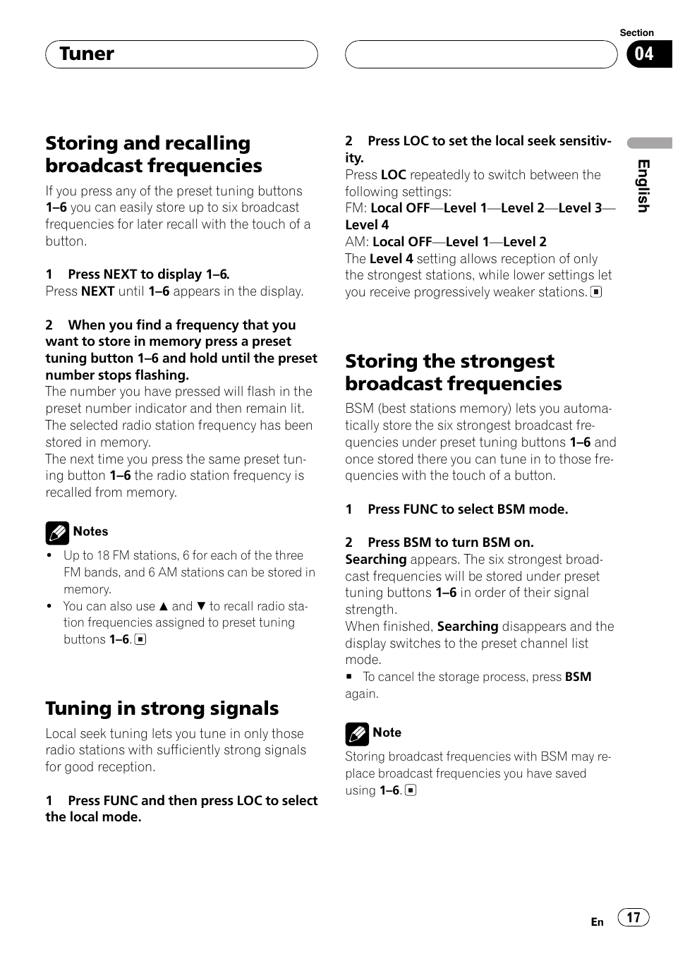 Storing and recalling broadcast, Frequencies 17, Tuning in strong signals 17 | Storing the strongest broadcast, Storing and recalling broadcast frequencies, Tuning in strong signals, Storing the strongest broadcast frequencies, Tuner | Pioneer FH-P9200MP User Manual | Page 17 / 74