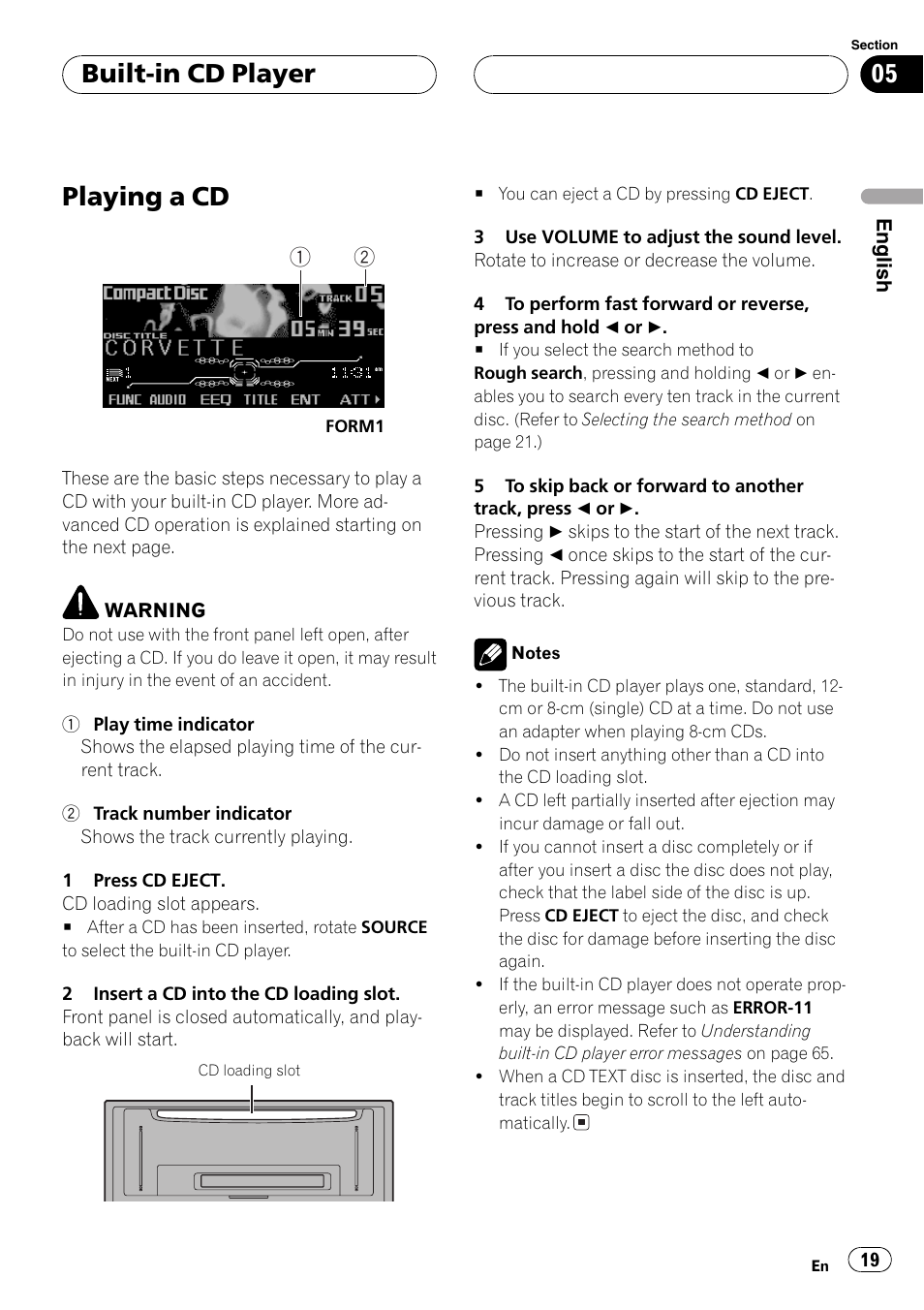 Built-in cd player, Playing a cd 19, Playing a cd | Pioneer FH-P9200MP User Manual | Page 19 / 74