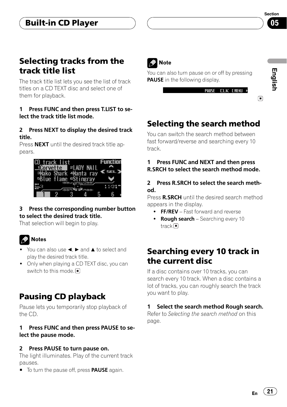 Selecting tracks from the track title list 21, Pausing cd playback 21, Selecting the search method 21 | Searching every 10 track in the current, Disc 21, Selecting tracks from the track title list, Pausing cd playback, Selecting the search method, Searching every 10 track in the current disc, Built-in cd player | Pioneer FH-P9200MP User Manual | Page 21 / 74