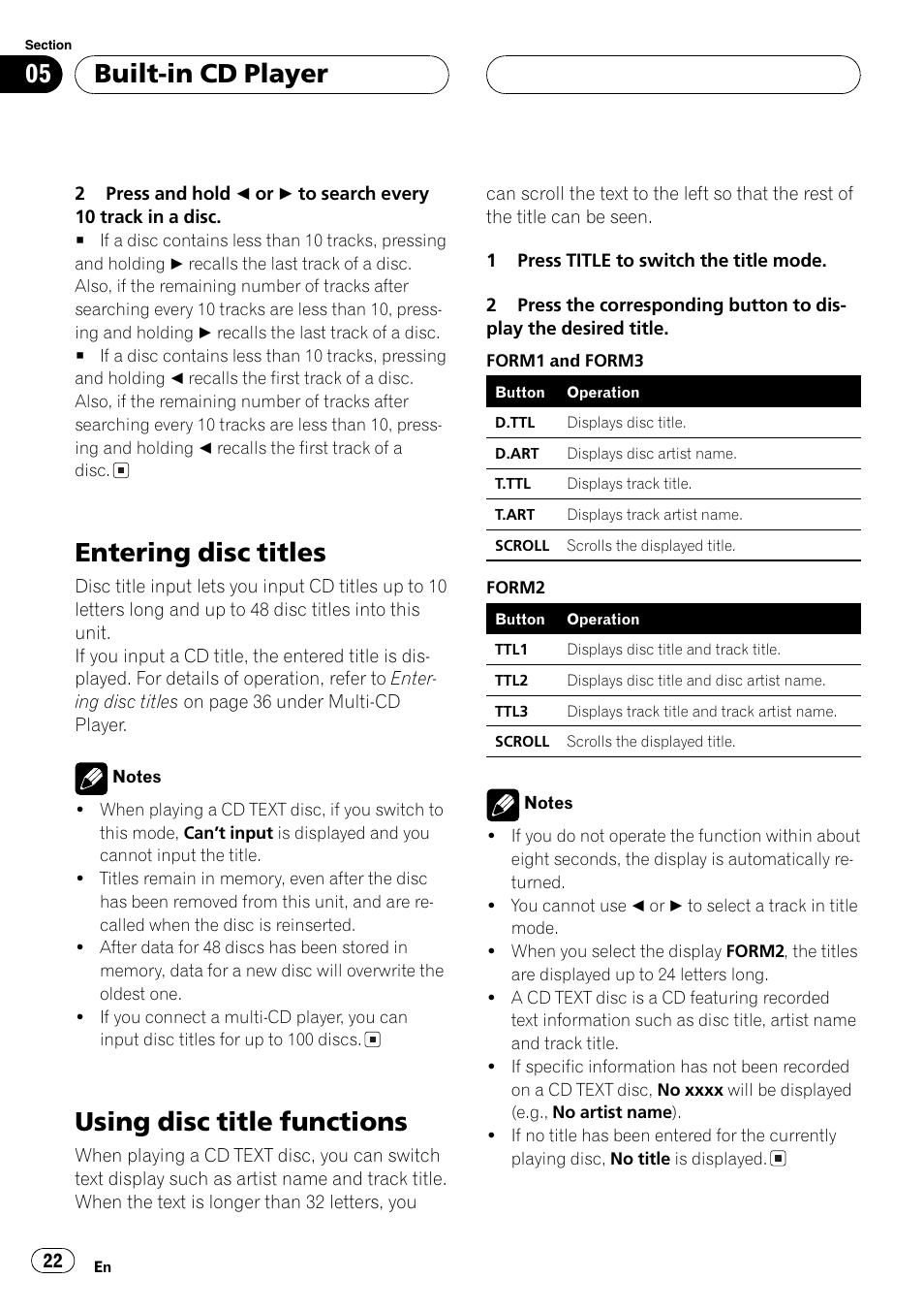 Entering disc titles 22, Using disc title functions 22, Entering disc titles | Using disc title functions, Built-in cd player | Pioneer FH-P9200MP User Manual | Page 22 / 74