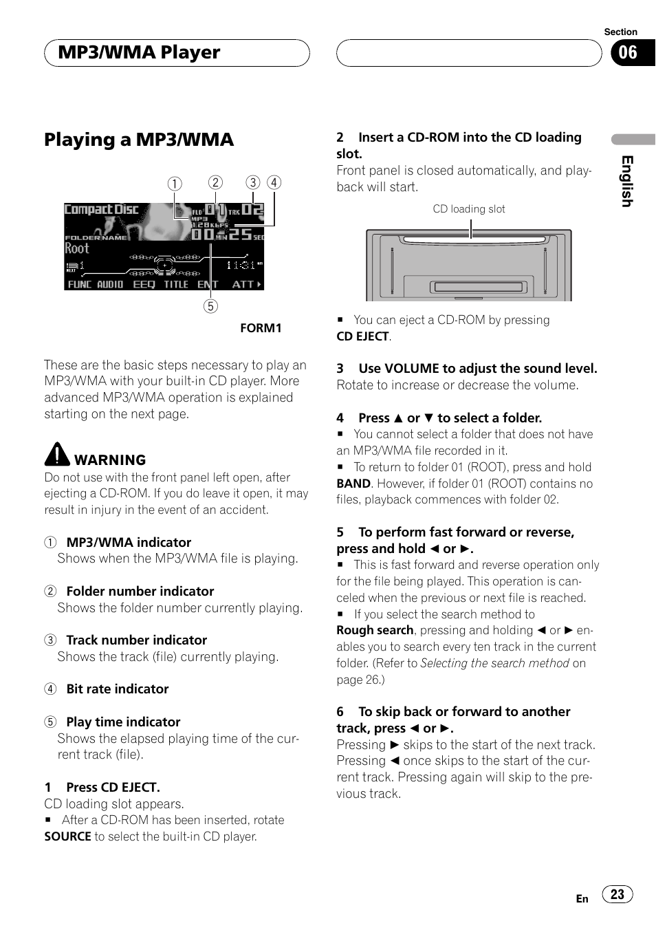Mp3/wma player, Playing a mp3/wma 23, Playing a mp3/wma | Pioneer FH-P9200MP User Manual | Page 23 / 74