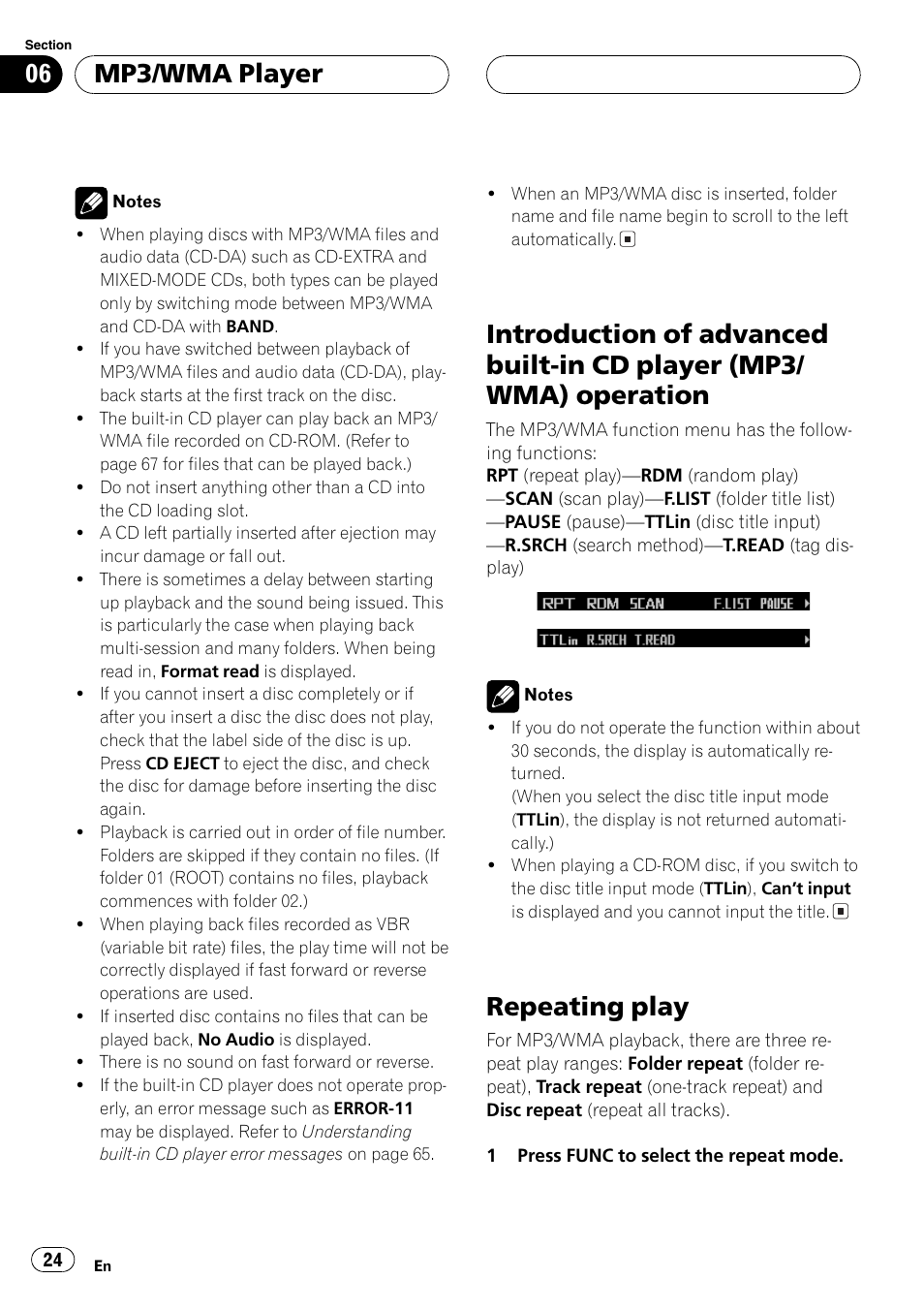 Introduction of advanced built-in cd player, Mp3/wma) operation 24, Repeating play 24 | Repeating play, Mp3/wma player | Pioneer FH-P9200MP User Manual | Page 24 / 74