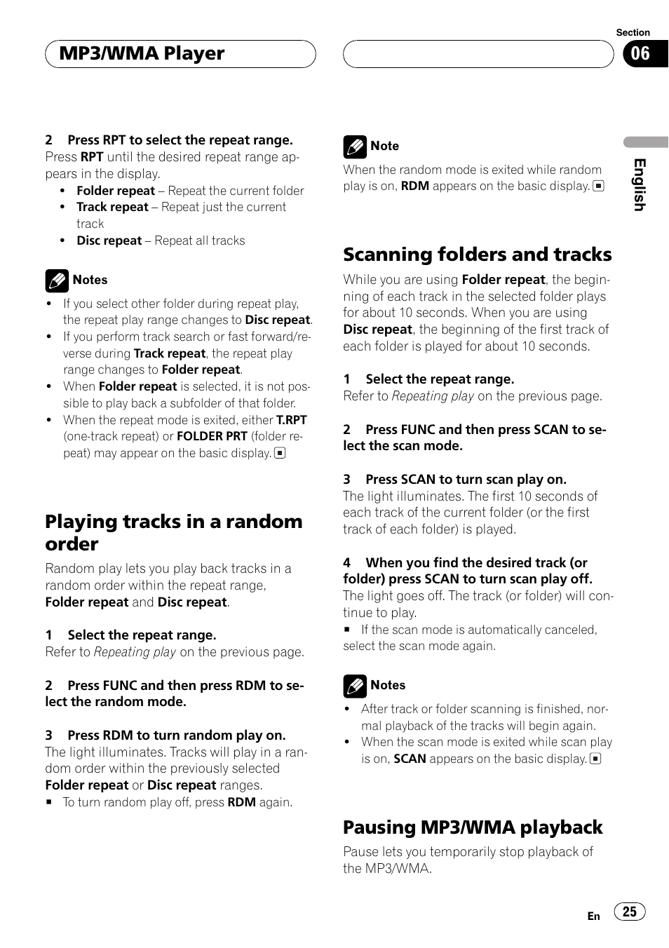 Playing tracks in a random order 25, Scanning folders and tracks 25, Pausing mp3/wma playback 25 | Playing tracks in a random order, Scanning folders and tracks, Pausing mp3/wma playback, Mp3/wma player | Pioneer FH-P9200MP User Manual | Page 25 / 74