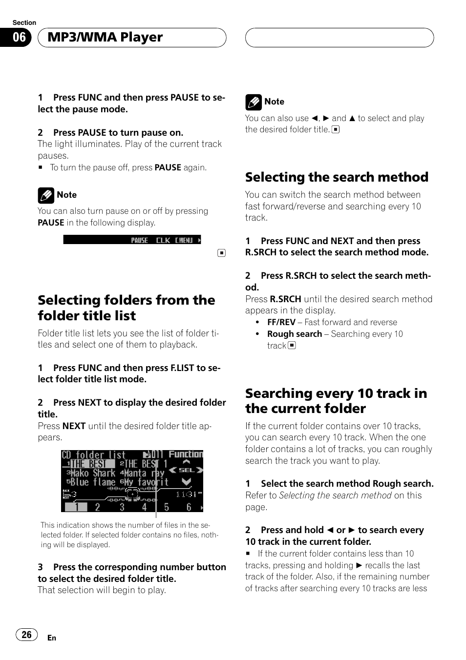 Selecting folders from the folder title list 26, Selecting the search method 26, Searching every 10 track in the current | Folder 26, Selecting folders from the folder title list, Selecting the search method, Searching every 10 track in the current folder, Mp3/wma player | Pioneer FH-P9200MP User Manual | Page 26 / 74