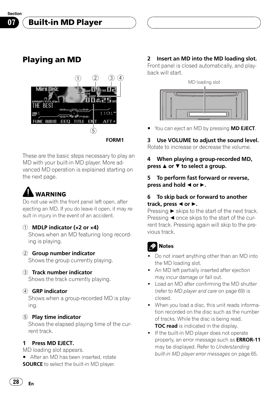 Built-in md player, Playing an md 28, Playing an md | Pioneer FH-P9200MP User Manual | Page 28 / 74