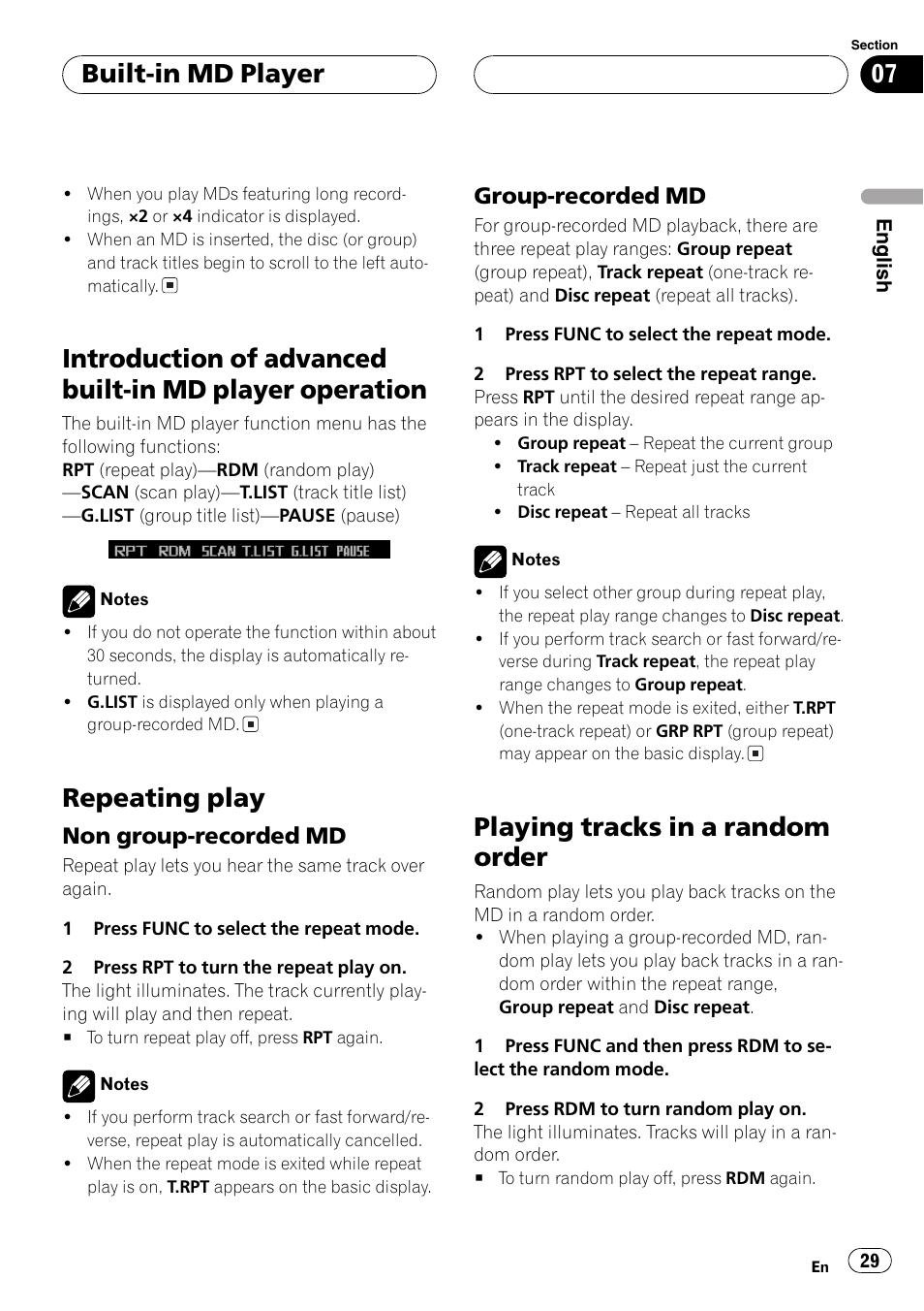 Introduction of advanced built-in md player, Operation 29, Repeating play 29 | Non group-recorded md 29, Group-recorded md 29, Playing tracks in a random order 29, Repeating play, Playing tracks in a random order, Built-in md player, Non group-recorded md | Pioneer FH-P9200MP User Manual | Page 29 / 74