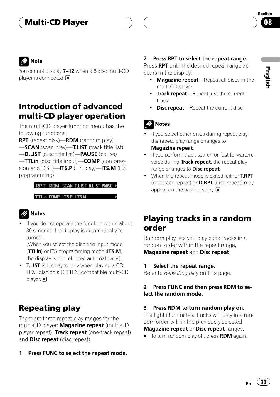 Introduction of advanced multi-cd player, Operation 33, Repeating play 33 | Playing tracks in a random order 33, Introduction of advanced multi-cd player operation, Repeating play, Playing tracks in a random order, Multi-cd player | Pioneer FH-P9200MP User Manual | Page 33 / 74