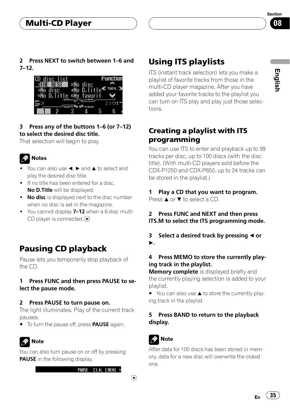 Pausing cd playback 35, Using its playlists 35, Creating a playlist with its | Programming 35, Pausing cd playback, Using its playlists, Multi-cd player, Creating a playlist with its programming | Pioneer FH-P9200MP User Manual | Page 35 / 74