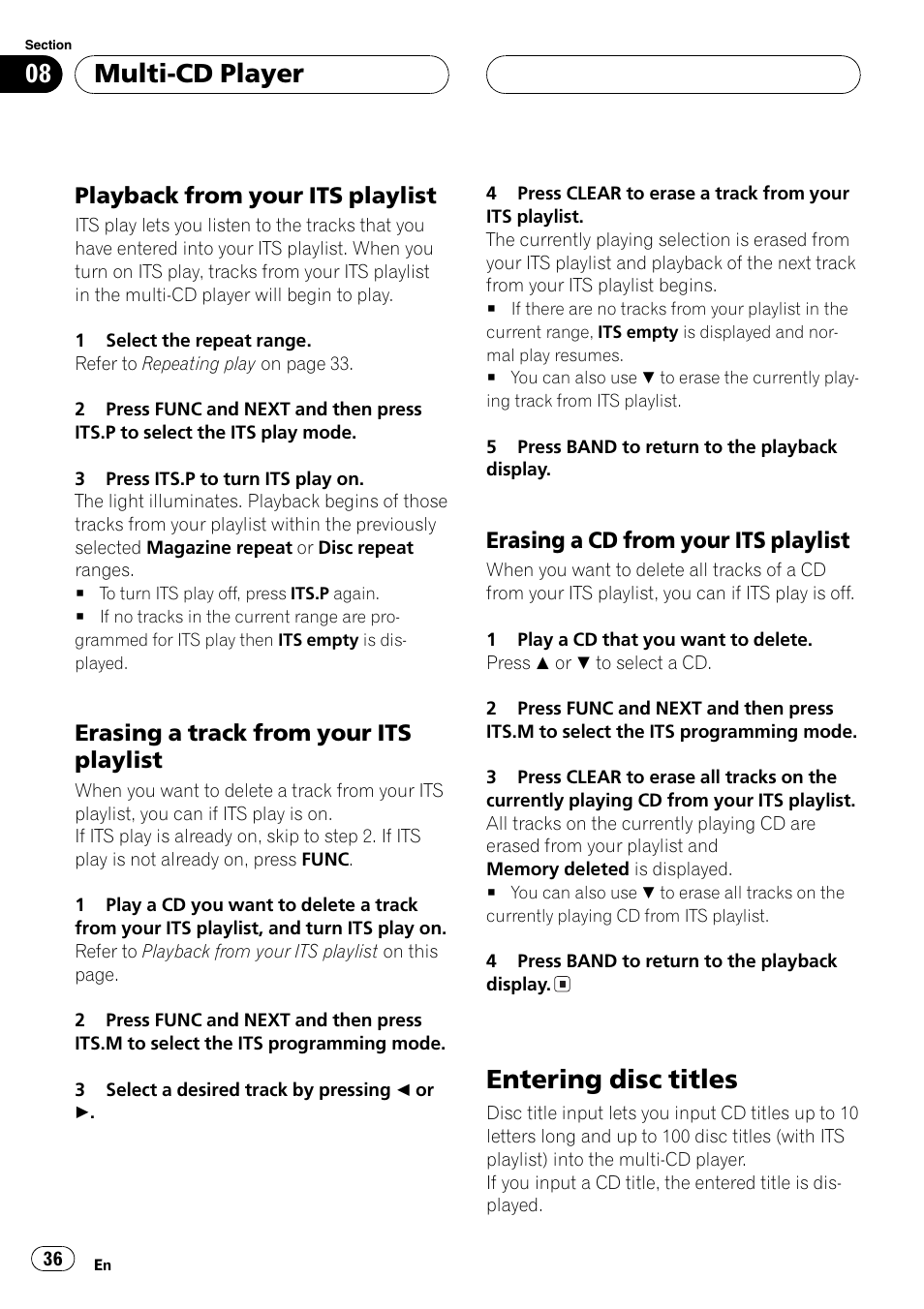 Playback from your its playlist 36, Erasing a track from your its, Playlist 36 | Erasing a cd from your its, Entering disc titles 36, Entering disc titles, Multi-cd player, Playback from your its playlist, Erasing a track from your its playlist, Erasing a cd from your its playlist | Pioneer FH-P9200MP User Manual | Page 36 / 74
