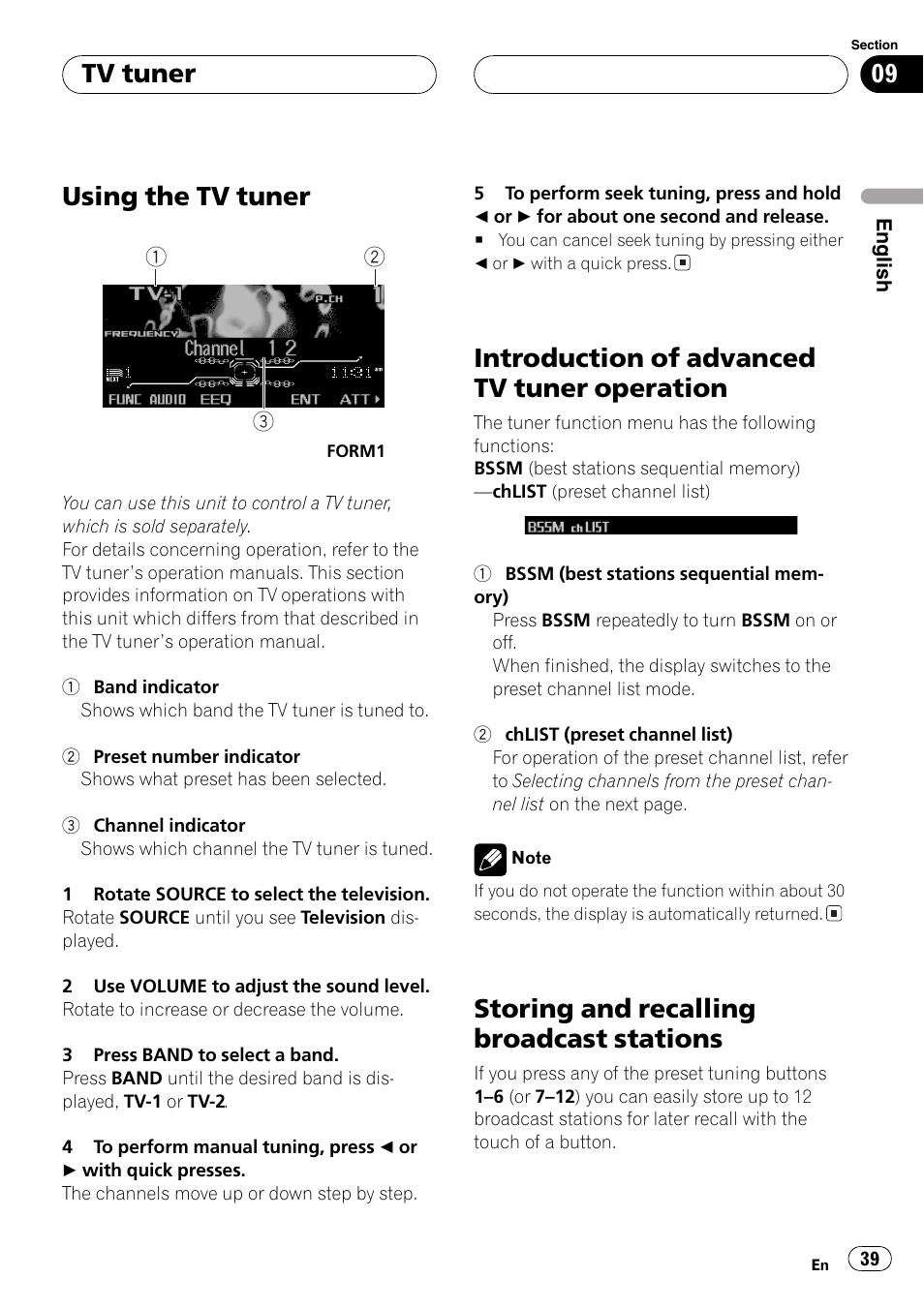 Tv tuner, Using the tv tuner 39, Introduction of advanced tv tuner | Operation 39, Storing and recalling broadcast stations 39, Using the tv tuner, Introduction of advanced tv tuner operation, Storing and recalling broadcast stations | Pioneer FH-P9200MP User Manual | Page 39 / 74
