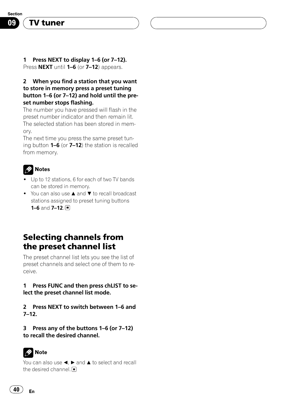 Selecting channels from the preset channel, List 40, Selecting channels from the preset channel list | Tv tuner | Pioneer FH-P9200MP User Manual | Page 40 / 74