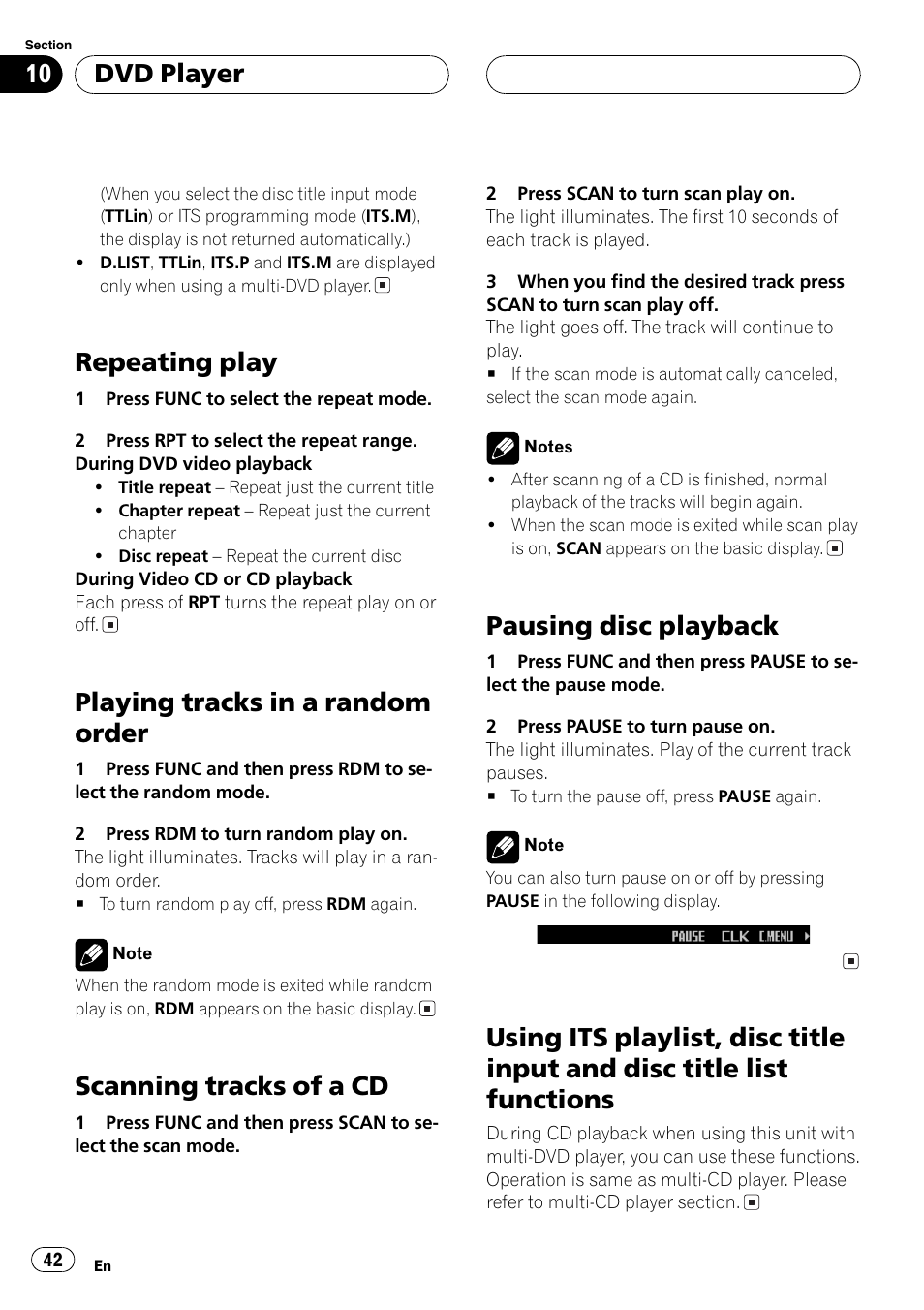 Repeating play 42, Playing tracks in a random order 42, Scanning tracks of a cd 42 | Pausing disc playback 42, Using its playlist, disc title input and disc, Title list functions 42, Repeating play, Playing tracks in a random order, Scanning tracks of a cd, Pausing disc playback | Pioneer FH-P9200MP User Manual | Page 42 / 74