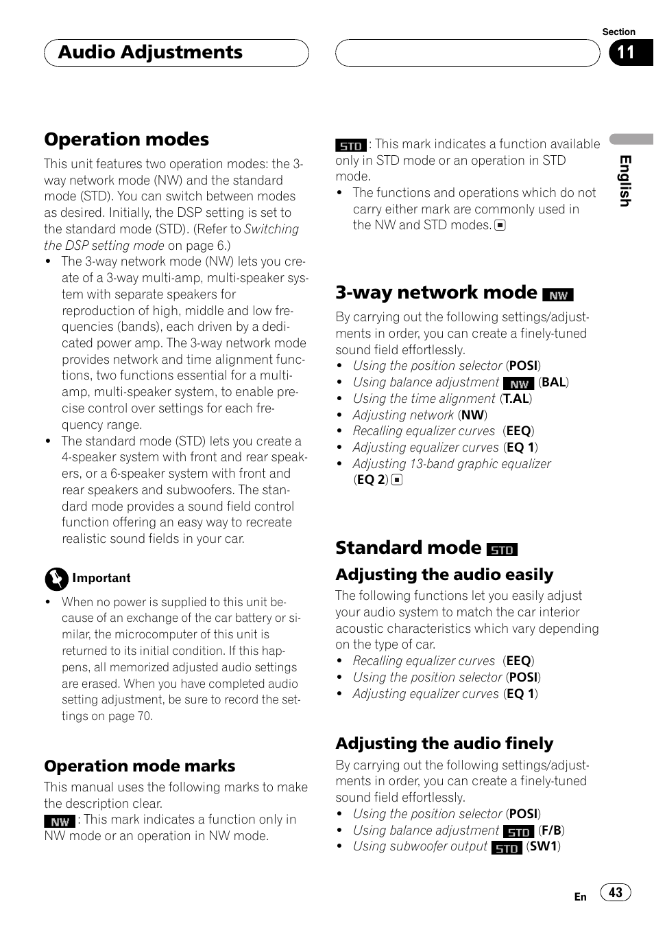 Audio adjustments, Operation modes 43, Operation mode marks 43 | Way network mode, Standard mode, Adjusting the audio easily 43, Adjusting the audio finely 43, Operation modes | Pioneer FH-P9200MP User Manual | Page 43 / 74