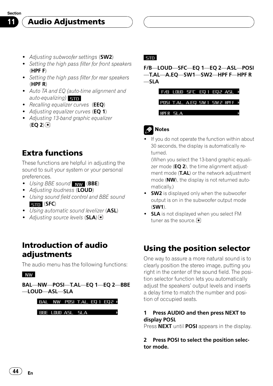 Extra functions 44, Introduction of audio adjustments 44, Using the position selector 44 | Using the position selector, Extra functions, Introduction of audio adjustments, Audio adjustments | Pioneer FH-P9200MP User Manual | Page 44 / 74