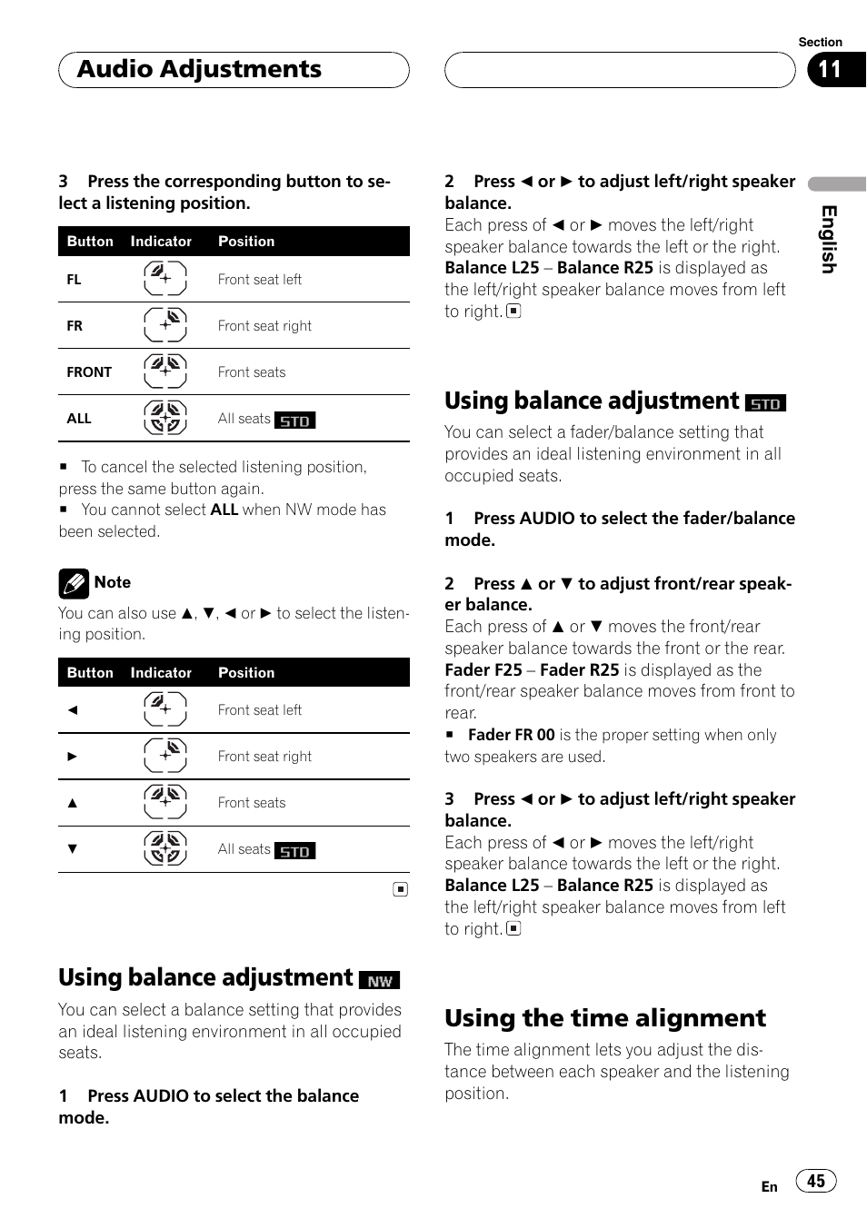 Using balance adjustment, Using the time alignment 45, Using the time alignment | Audio adjustments | Pioneer FH-P9200MP User Manual | Page 45 / 74
