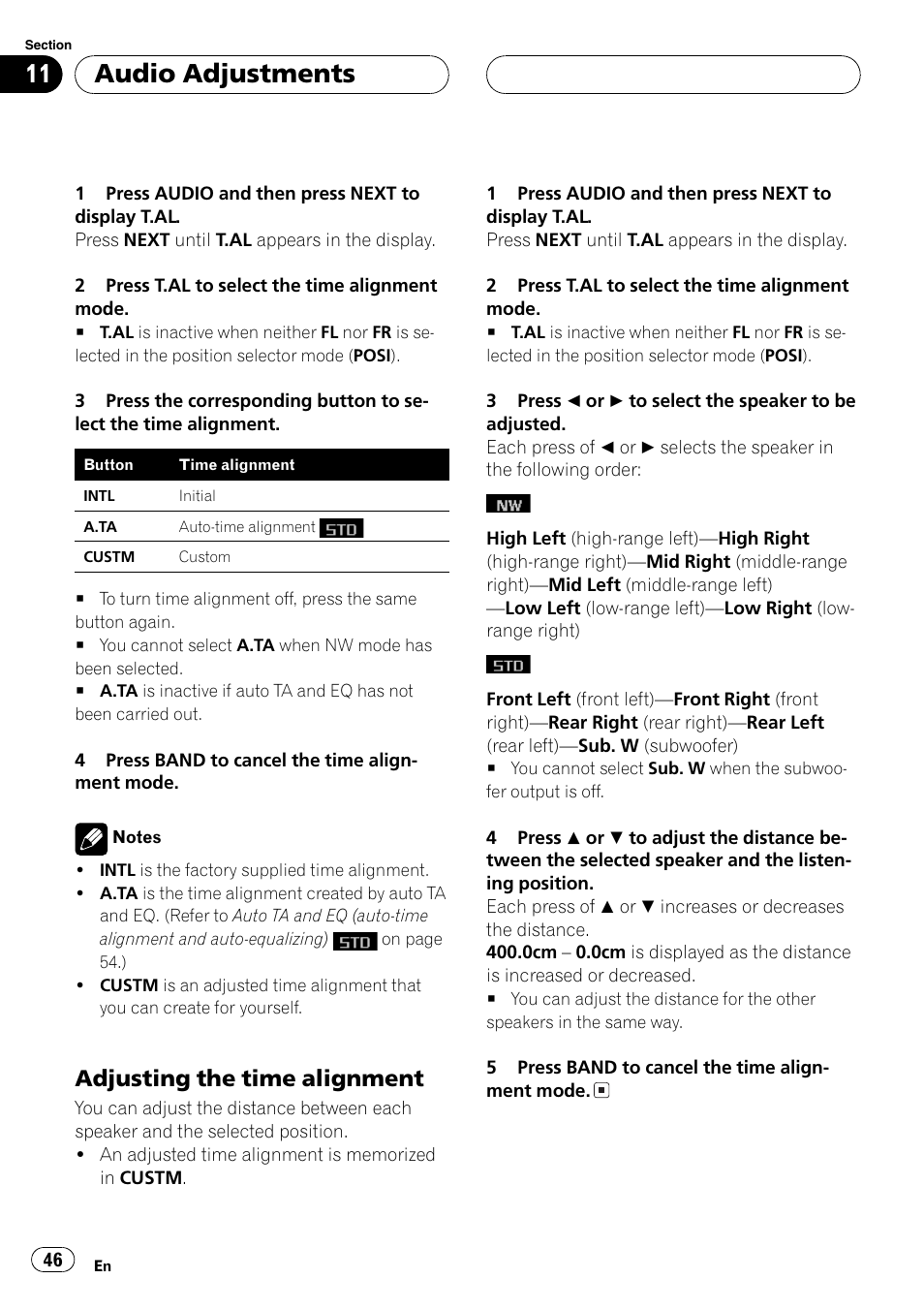 Adjusting the time alignment 46, Audio adjustments, Adjusting the time alignment | Pioneer FH-P9200MP User Manual | Page 46 / 74