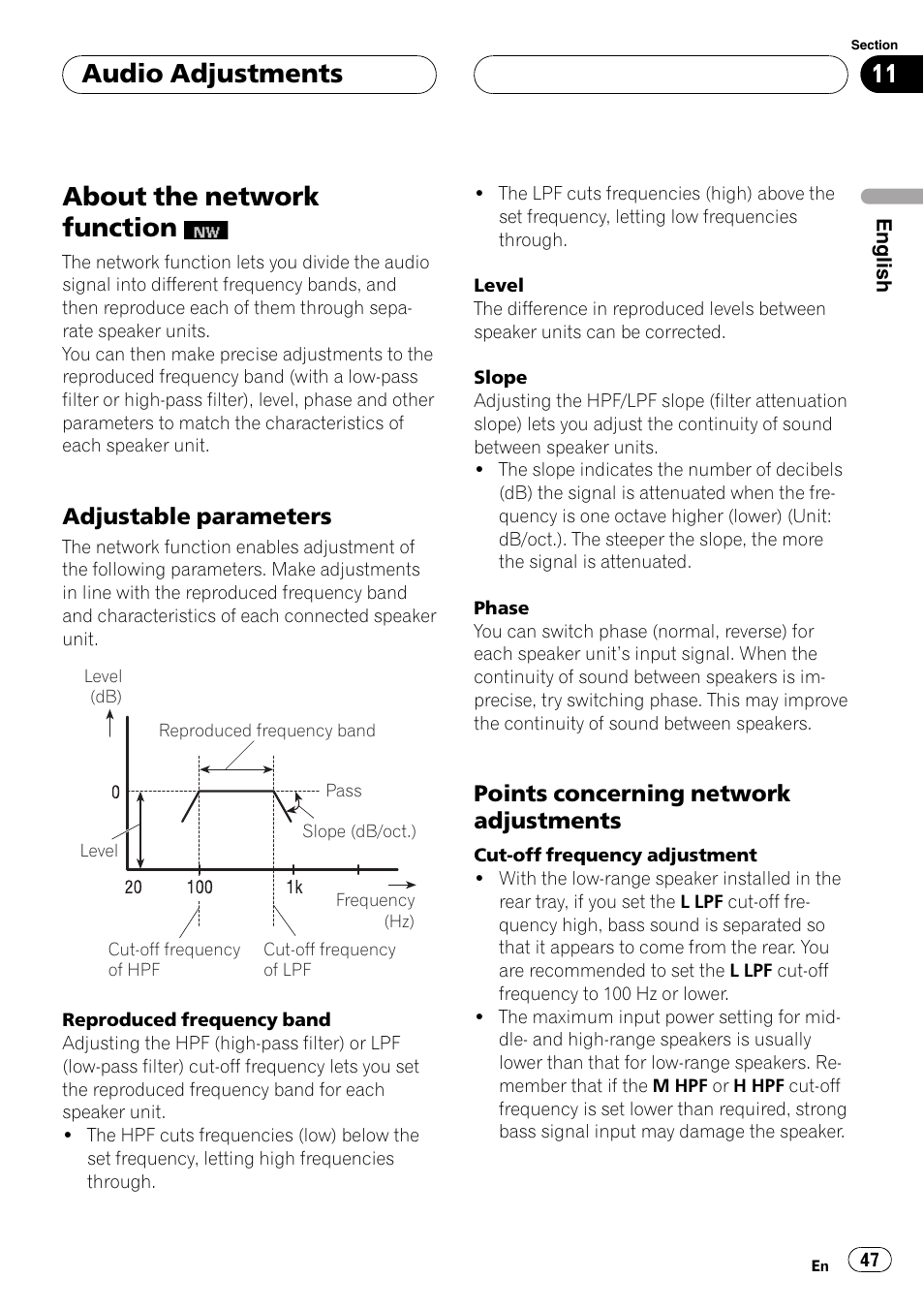 About the network function, Adjustable parameters 47, Points concerning network | Adjustments 47, Audio adjustments, Adjustable parameters, Points concerning network adjustments | Pioneer FH-P9200MP User Manual | Page 47 / 74