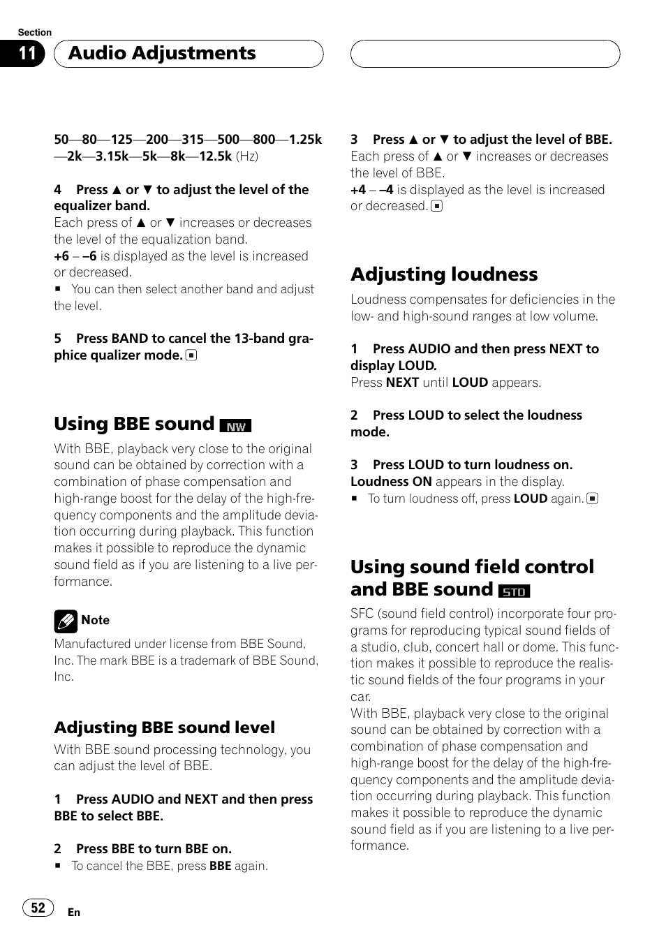 Using bbe sound, Adjusting bbe sound level 52, Adjusting loudness 52 | Using sound field control and bbe sound, Adjusting loudness, Audio adjustments | Pioneer FH-P9200MP User Manual | Page 52 / 74