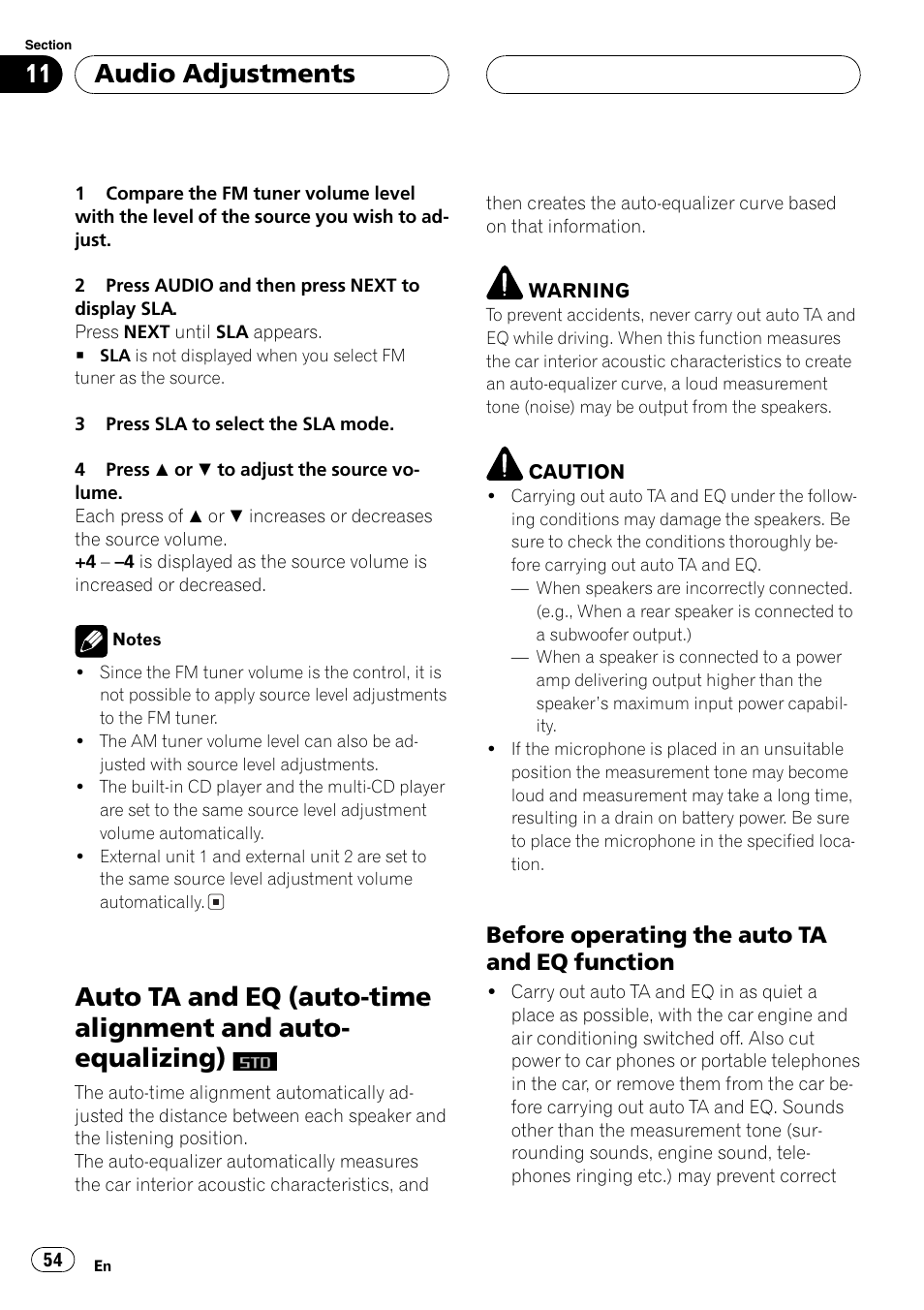 Auto ta and eq (auto-time alignment and, Auto-equalizing), Before operating the auto ta and eq | Function 54, Audio adjustments, Before operating the auto ta and eq function | Pioneer FH-P9200MP User Manual | Page 54 / 74