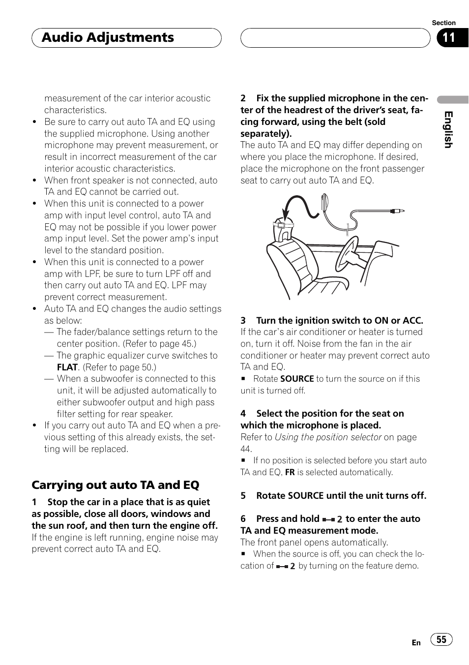 Carrying out auto ta and eq 55, Audio adjustments, Carrying out auto ta and eq | Pioneer FH-P9200MP User Manual | Page 55 / 74