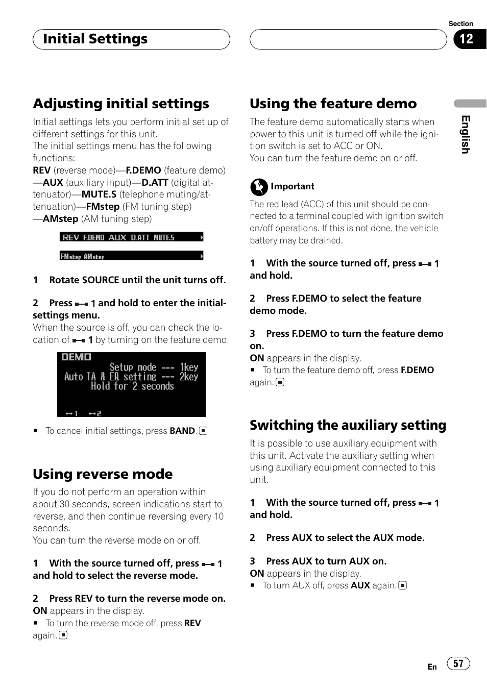 Initial settings, Adjusting initial settings 57, Using reverse mode 57 | Using the feature demo 57, Switching the auxiliary setting 57, Adjusting initial settings, Using reverse mode, Using the feature demo, Switching the auxiliary setting | Pioneer FH-P9200MP User Manual | Page 57 / 74