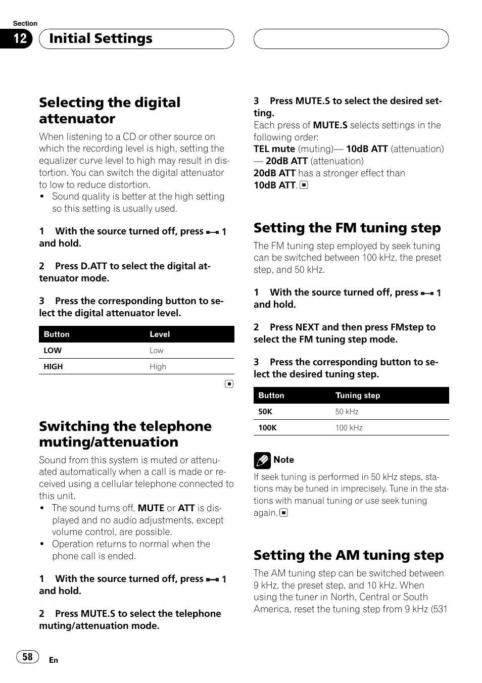 Selecting the digital attenuator 58, Switching the telephone muting, Attenuation 58 | Setting the fm tuning step 58, Setting the am tuning step 58, Selecting the digital attenuator, Switching the telephone muting/attenuation, Setting the fm tuning step, Setting the am tuning step, Initial settings | Pioneer FH-P9200MP User Manual | Page 58 / 74