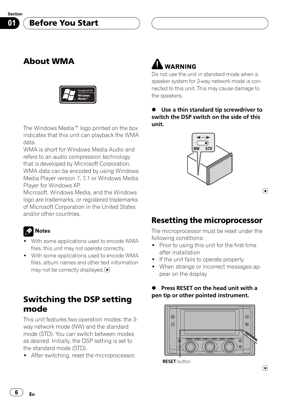 About wma 6, Switching the dsp setting mode 6, Resetting the microprocessor 6 | About wma, Switching the dsp setting mode, Resetting the microprocessor, Before you start | Pioneer FH-P9200MP User Manual | Page 6 / 74