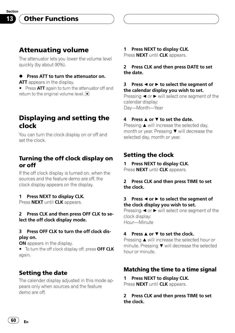 Other functions, Attenuating volume 60, Displaying and setting the clock 60 | Turning the off clock display on or, Off 60, Setting the date 60, Setting the clock 60, Matching the time to a time, Signal 60, Attenuating volume | Pioneer FH-P9200MP User Manual | Page 60 / 74
