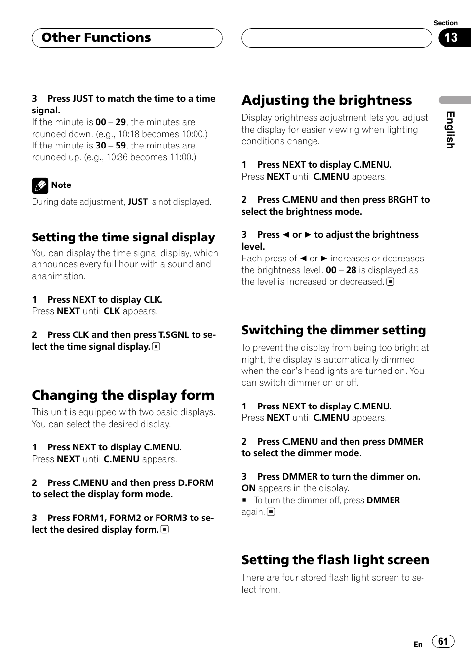 Setting the time signal display 61, Changing the display form 61, Adjusting the brightness 61 | Switching the dimmer setting 61, Setting the flash light screen 61, Changing the display form, Adjusting the brightness, Switching the dimmer setting, Setting the flash light screen, Other functions | Pioneer FH-P9200MP User Manual | Page 61 / 74