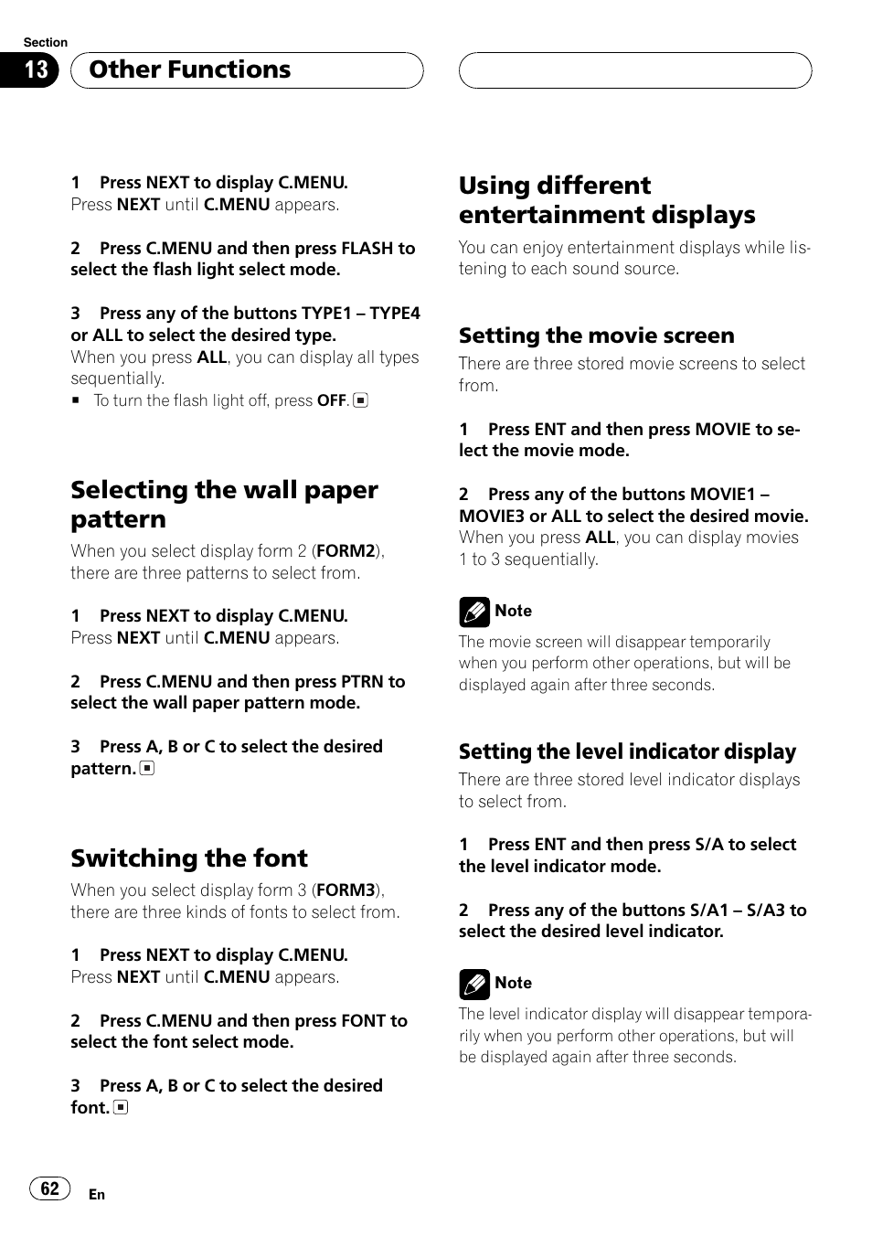 Selecting the wall paper pattern 62, Switching the font 62, Using different entertainment displays 62 | Setting the movie screen 62, Setting the level indicator display 62, Selecting the wall paper pattern, Switching the font, Using different entertainment displays, Other functions | Pioneer FH-P9200MP User Manual | Page 62 / 74