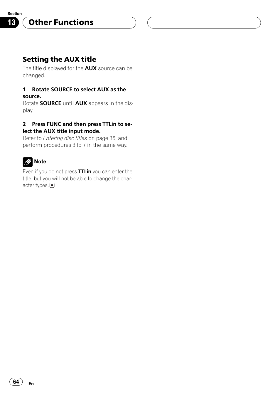 Setting the aux title 64, Other functions, Setting the aux title | Pioneer FH-P9200MP User Manual | Page 64 / 74