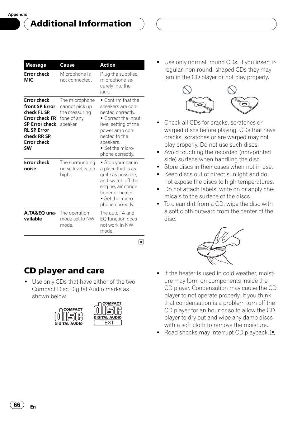 Cd player and care 66, Cd player and care, Additional information | Pioneer FH-P9200MP User Manual | Page 66 / 74