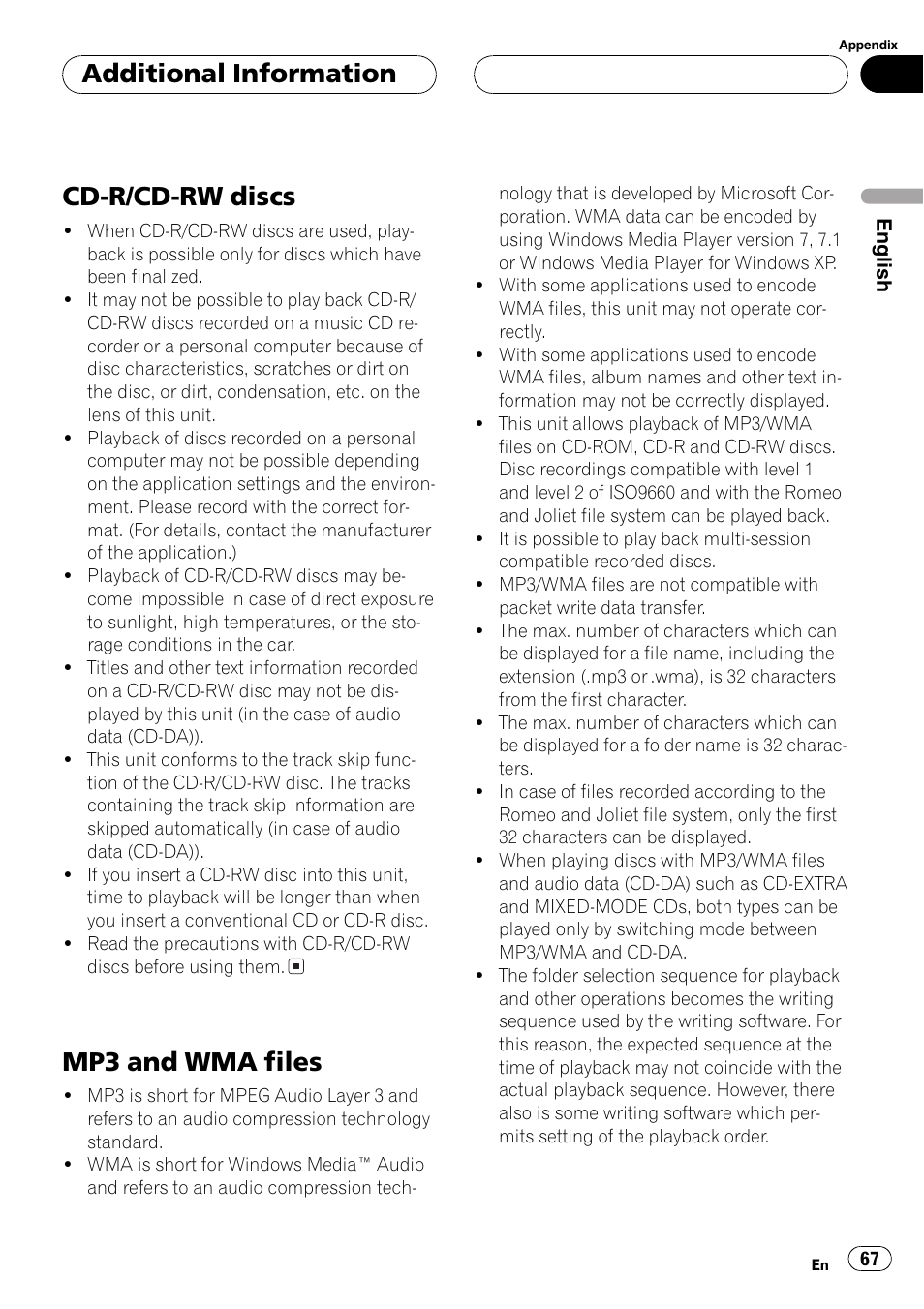 Cd-r/cd-rw discs 67, Mp3 and wma files 67, Cd-r/cd-rw discs | Mp3 and wma files, Additional information | Pioneer FH-P9200MP User Manual | Page 67 / 74