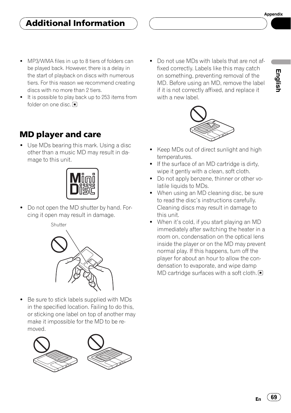 Md player and care 69, Md player and care, Additional information | Pioneer FH-P9200MP User Manual | Page 69 / 74