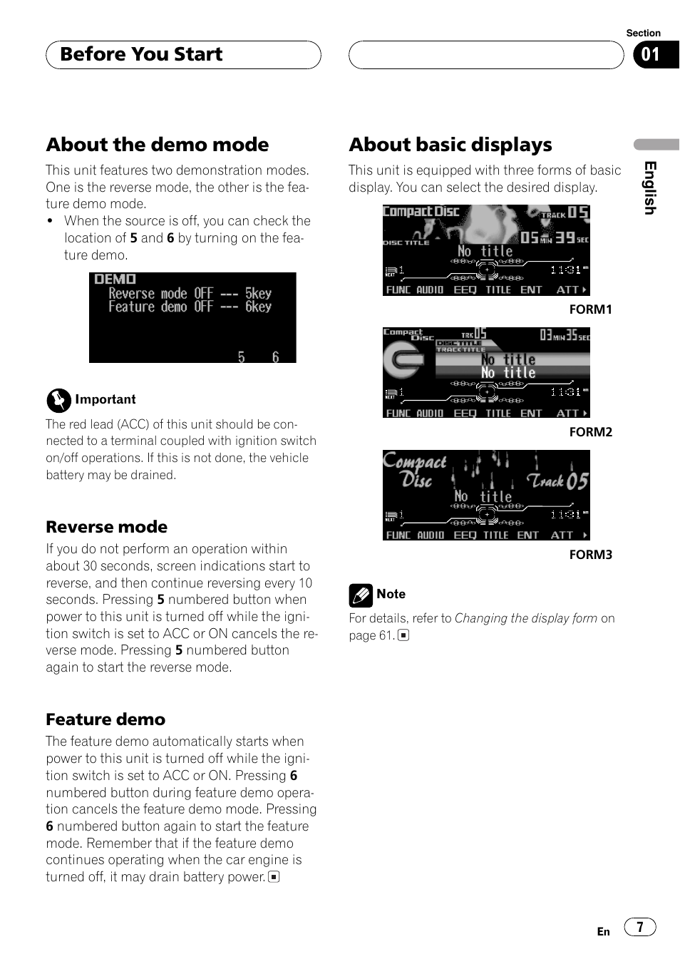 About the demo mode 7, Reverse mode 7, Feature demo 7 | About basic displays 7, About the demo mode, About basic displays, Before you start | Pioneer FH-P9200MP User Manual | Page 7 / 74