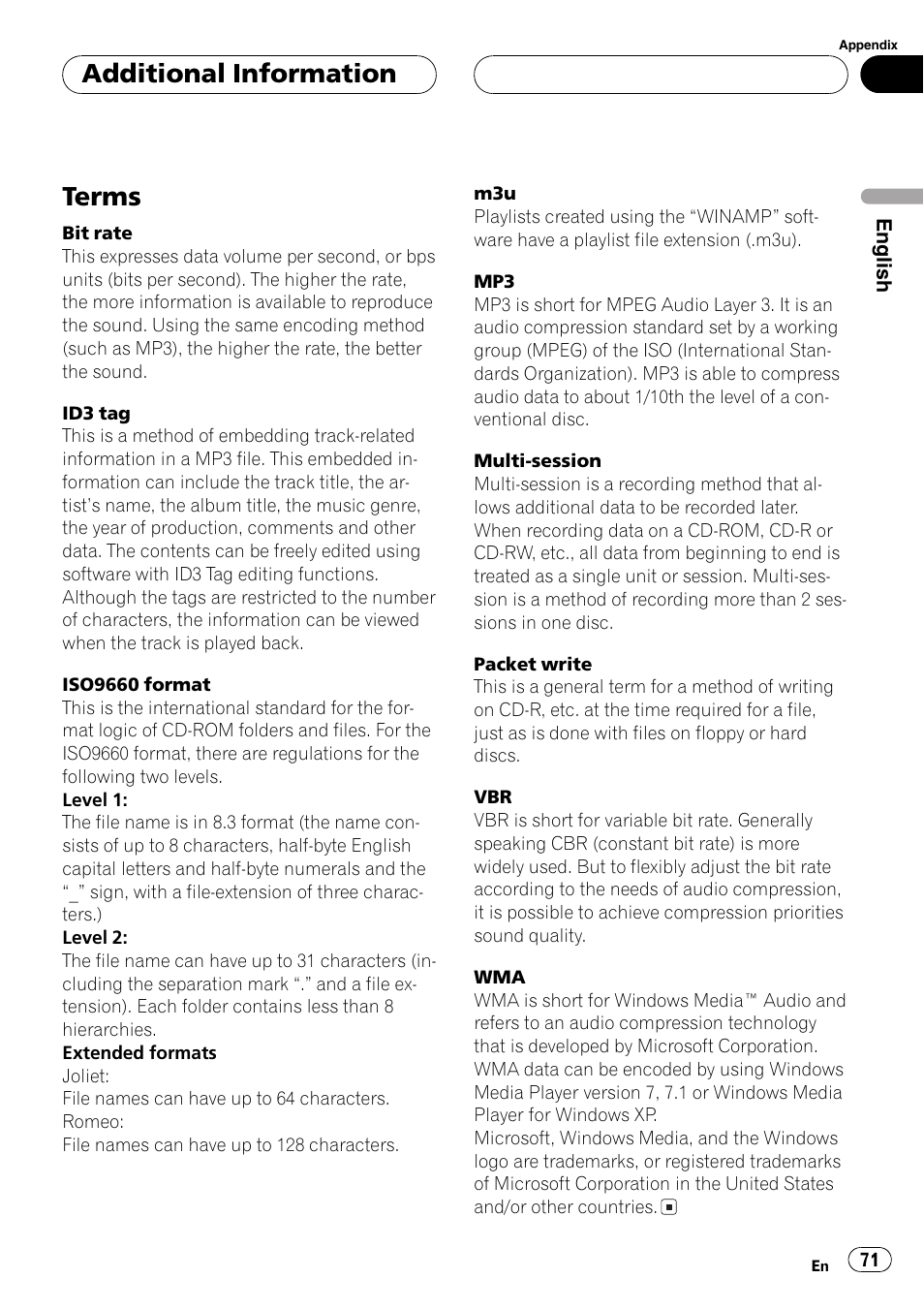 Terms 71, Terms, Additional information | Pioneer FH-P9200MP User Manual | Page 71 / 74