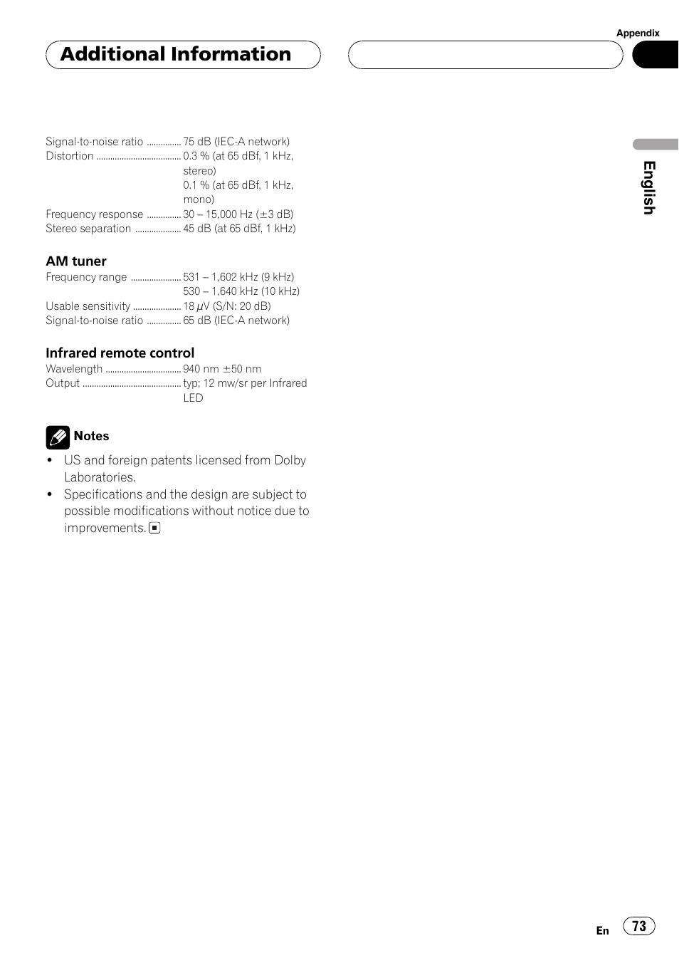Additional information, English | Pioneer FH-P9200MP User Manual | Page 73 / 74
