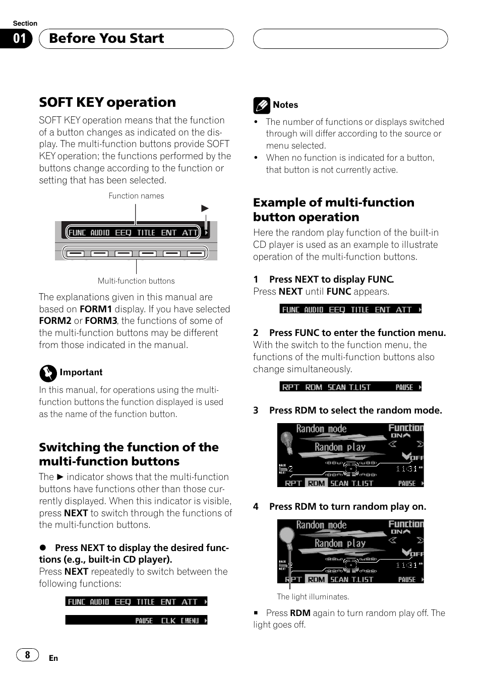 Softkey operation 8, Switching the function of the multi, Function buttons 8 | Example of multi-function button, Operation 8, Soft keyoperation, Before you start, Example of multi-function button operation | Pioneer FH-P9200MP User Manual | Page 8 / 74