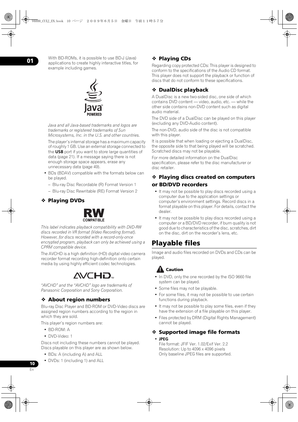 Playable files | Pioneer BDP-V6000 User Manual | Page 10 / 76