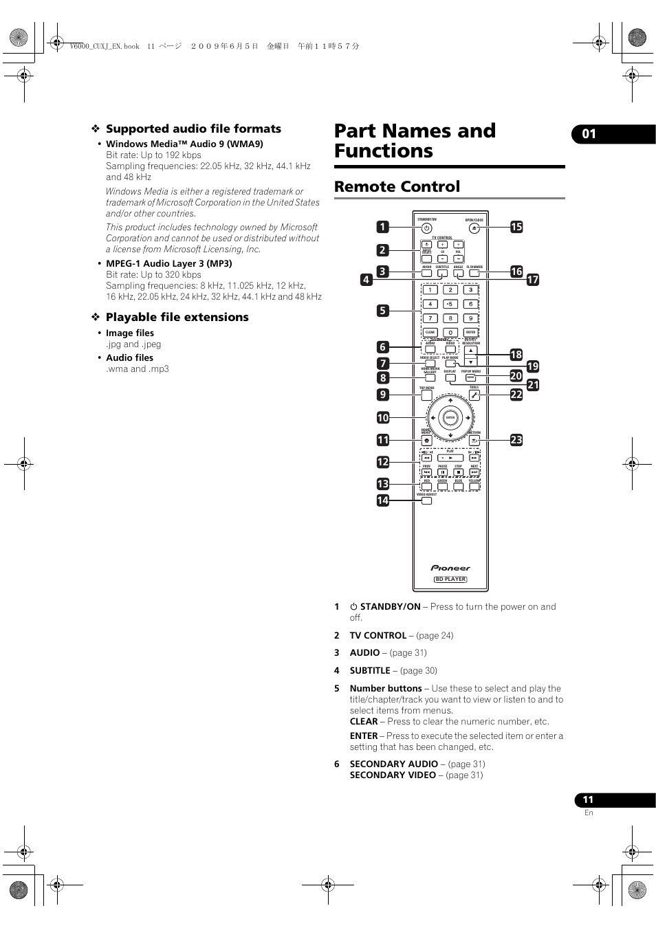 Rt names and functions, Remote cont, Part names and functions | Remote control, Supported audio file formats, Playable file extensions | Pioneer BDP-V6000 User Manual | Page 11 / 76