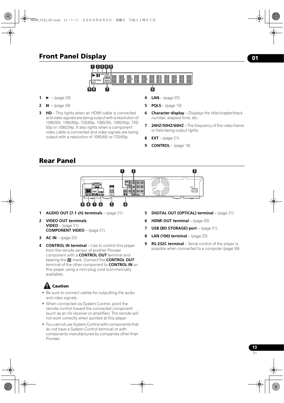 Ront panel display, R panel, Front panel display | Rear panel | Pioneer BDP-V6000 User Manual | Page 13 / 76