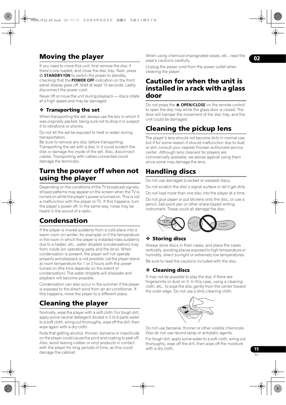 Moving the, Player, Rn the power off when not using the player | Condensation cleaning the, Caution fo, R when the unit is installed in a rack with, A glass doo, Cleaning the, Pickup lens, Handling discs | Pioneer BDP-V6000 User Manual | Page 15 / 76