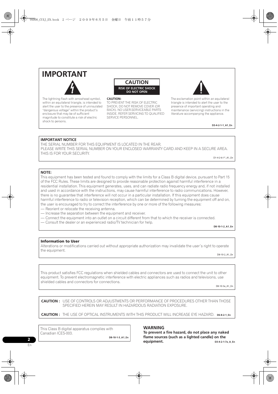 Important, Caution | Pioneer BDP-V6000 User Manual | Page 2 / 76