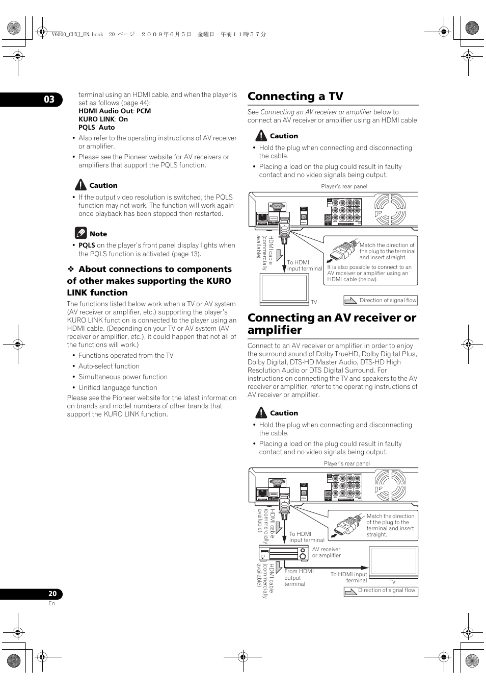 Connecting a tv connecting an av, Receiver or amplifier, Connecting a tv | Connecting an av receiver or amplifier | Pioneer BDP-V6000 User Manual | Page 20 / 76