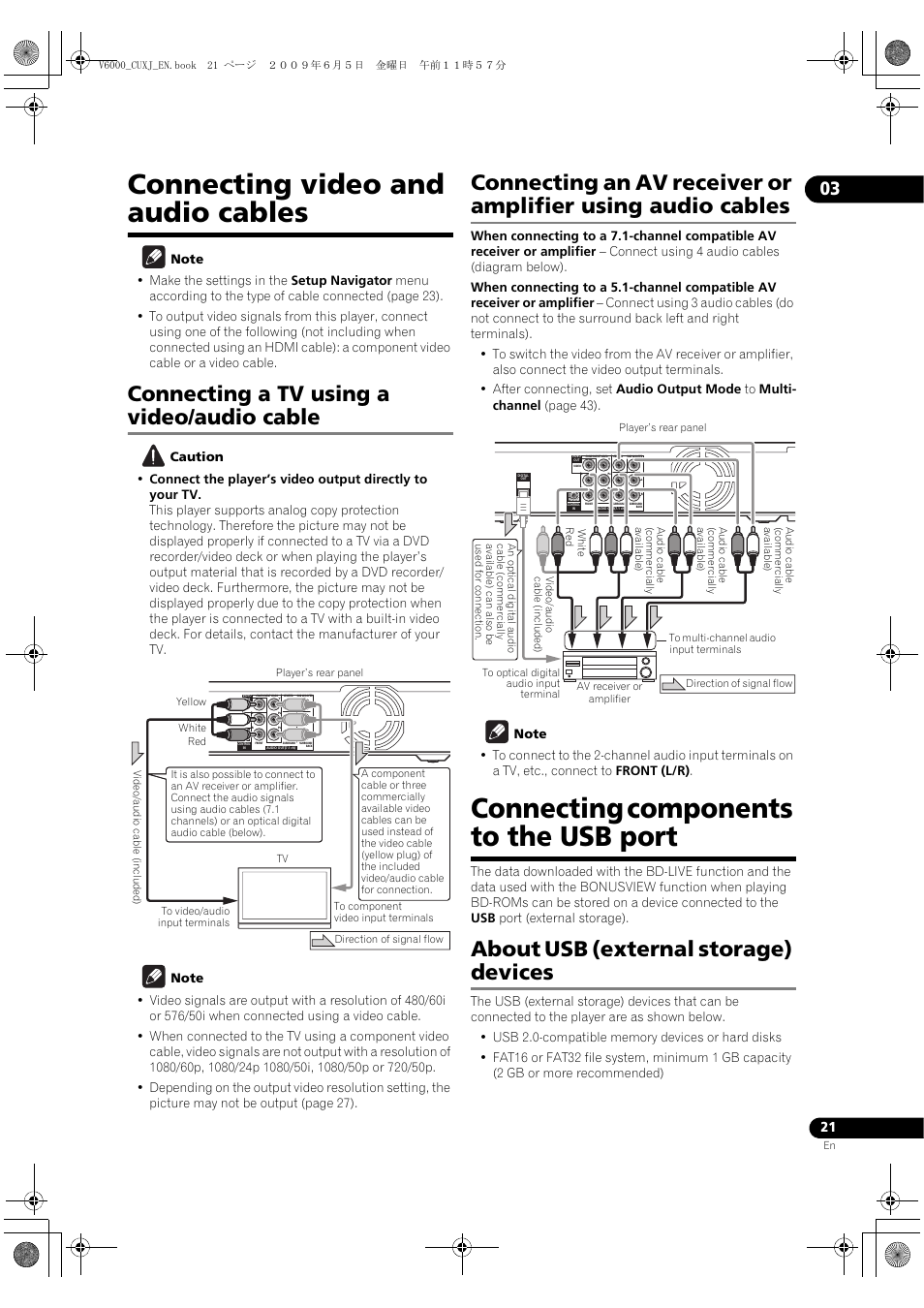 Connecting video and audio cables, Receiver or amplifier using audio, Cables | Connecting com, Ponents to the usb port, About usb (exte, Rnal storage) devices, Connecting components to the usb port, Connecting a tv using a video/audio cable, About usb (external storage) devices | Pioneer BDP-V6000 User Manual | Page 21 / 76