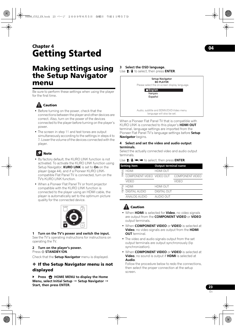 Making settings using the setu, P navigator menu, Getting started | Making settings using the setup navigator menu, 04 chapter 4 | Pioneer BDP-V6000 User Manual | Page 23 / 76
